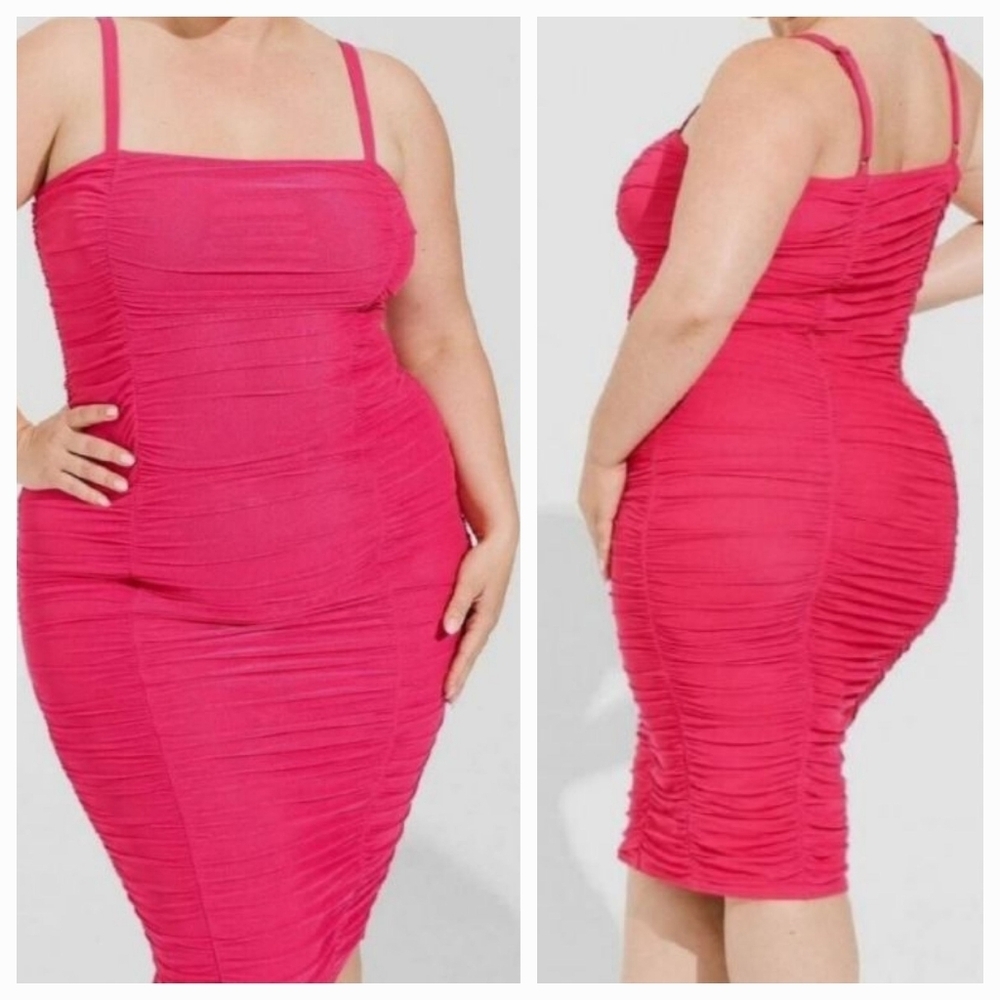 Torrid Vibrant Pink Ruched Sleeveless Midi Dress size 2 (2X 18-20)